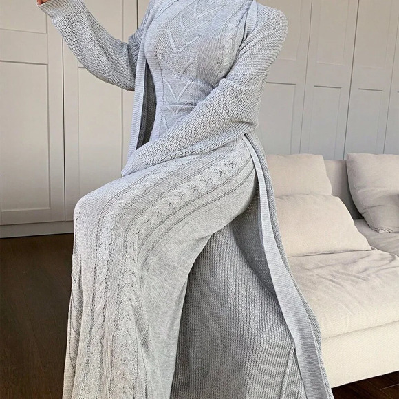 Grey Casual Women's High Neck Sleeveless Sweater Dress w/Cardigan - Picture 3 of 7